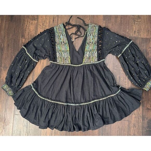 Free People XS Bohemian Prairie Babydoll Ruffle Tiered‎ Cottage Core Embroidered - Picture 8 of 9